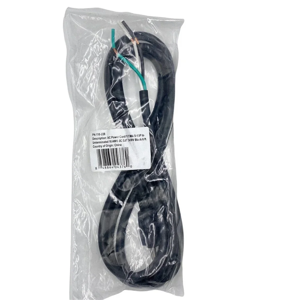 AC Power Cord NEMA 5-15P to Unterminated 16 AWG 3C SJT‎ 300V Black 6 ft.